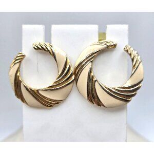 Vintage Cream Colored Enameled & Gold Tone Hoop Earrings